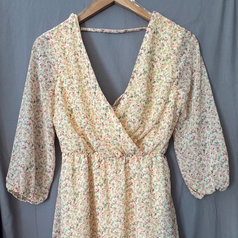 As U Wish Yellow Floral Wrap Dress Long Sleeve Mini Dress